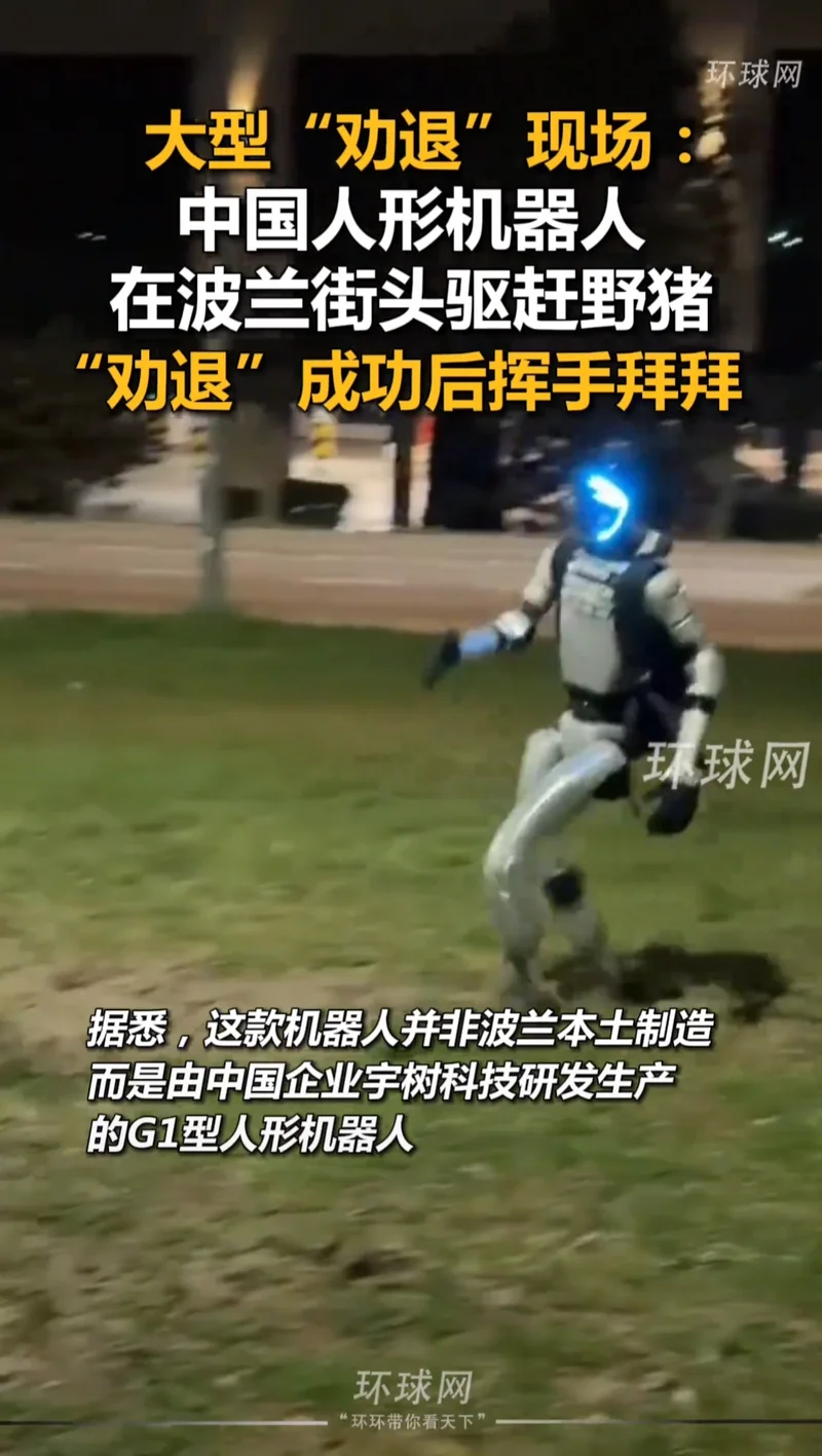 大型劝退现场!宇树人形机器人波兰街头赶野猪 挥手拜拜