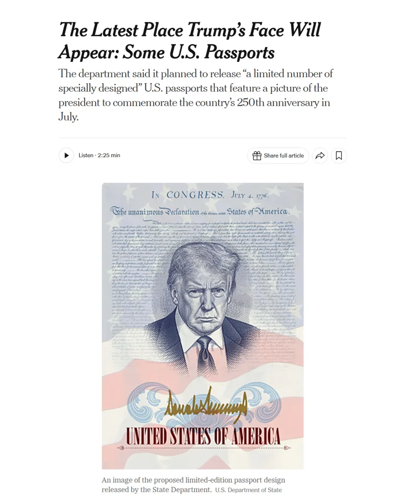 特朗普头像真要印到美国护照上 美国网友炸了