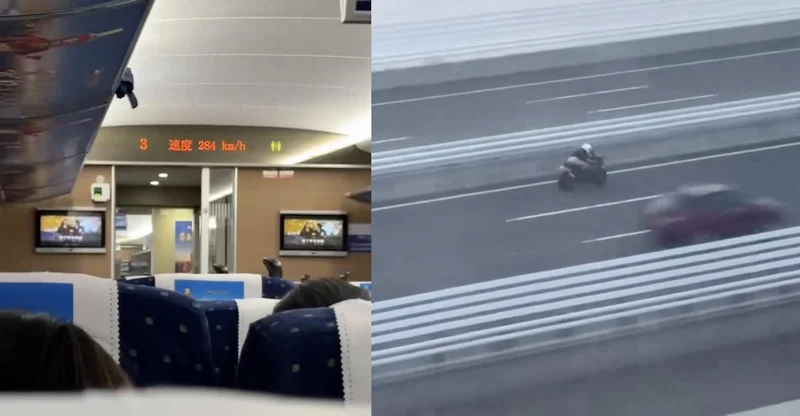 网友拍到摩托车在高速桥上追高铁 高铁速度达284km/h 交警回应