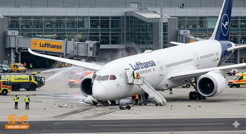汉莎航空波音787在停机坪机头重摔落地