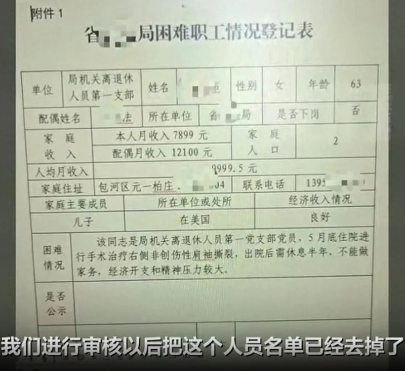 “月收入为7899元 配偶月收入为12100元”退休女子填写困难职工登记表引争议